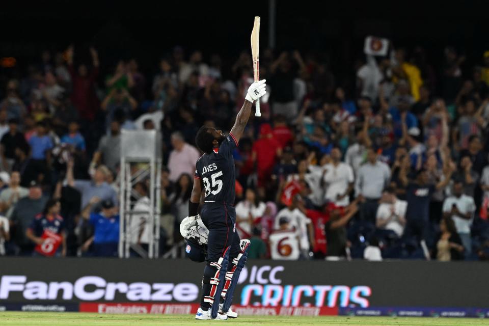 US co-captain Aaron Jones celebrates winning the 2024 ICC World Cup men's Group A Twenty20 cricket match against Canada at the Grand Prairie Cricket Stadium in Grand Prairie, Texas on June 1, 2024.