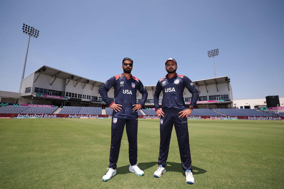 Ali Khan and Monank Patel of the USA Cricket Team pose before the 2024 ICC West Indies & USA Men's T20 Cricket World Cup match between the USA and Canada at the Grand Prairie Cricket Stadium on May 29, 2024 in Dallas, Texas.